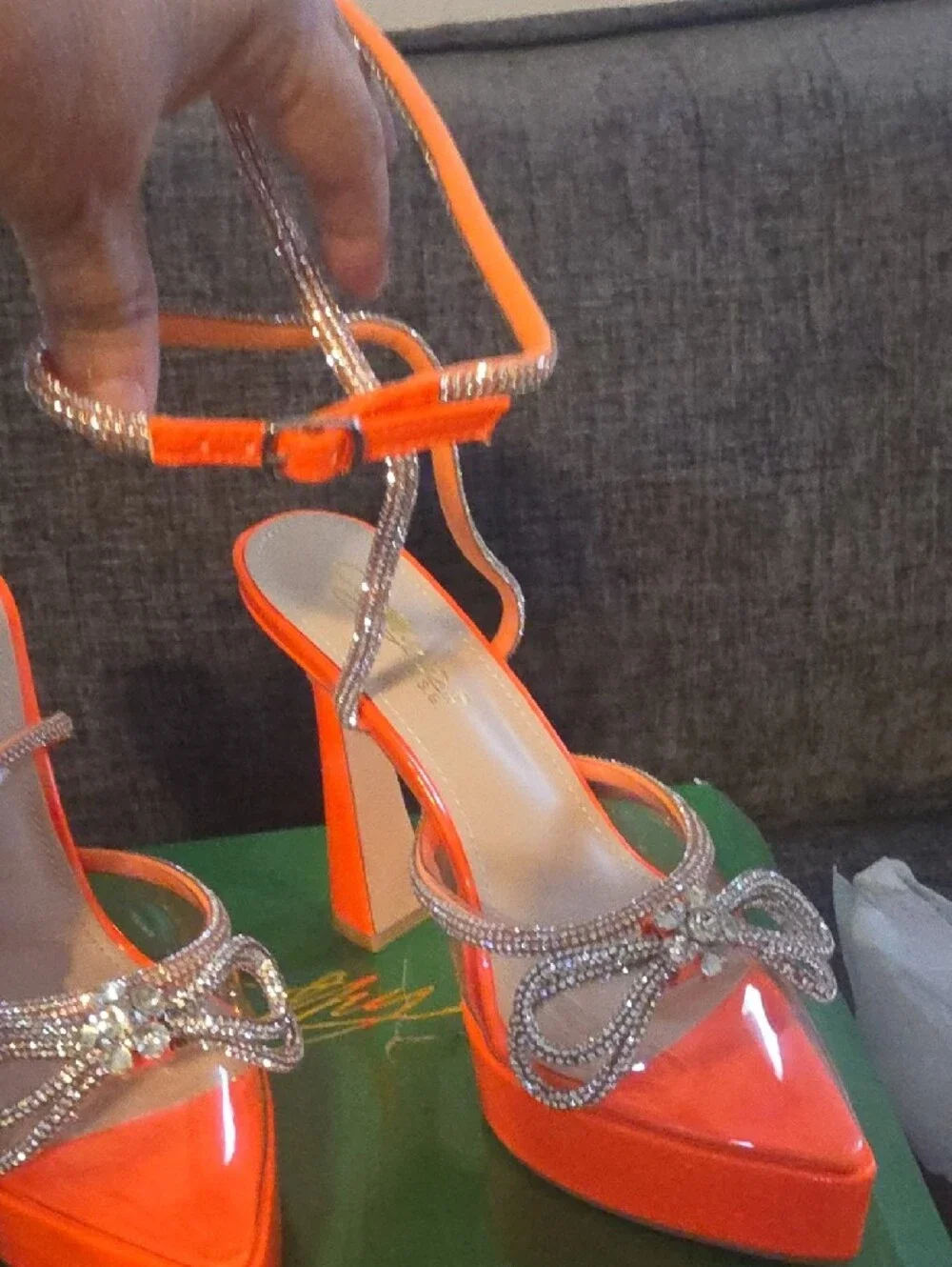 Cathy Din-Women's Orange Rhinestone Platform Heeled Sandals
